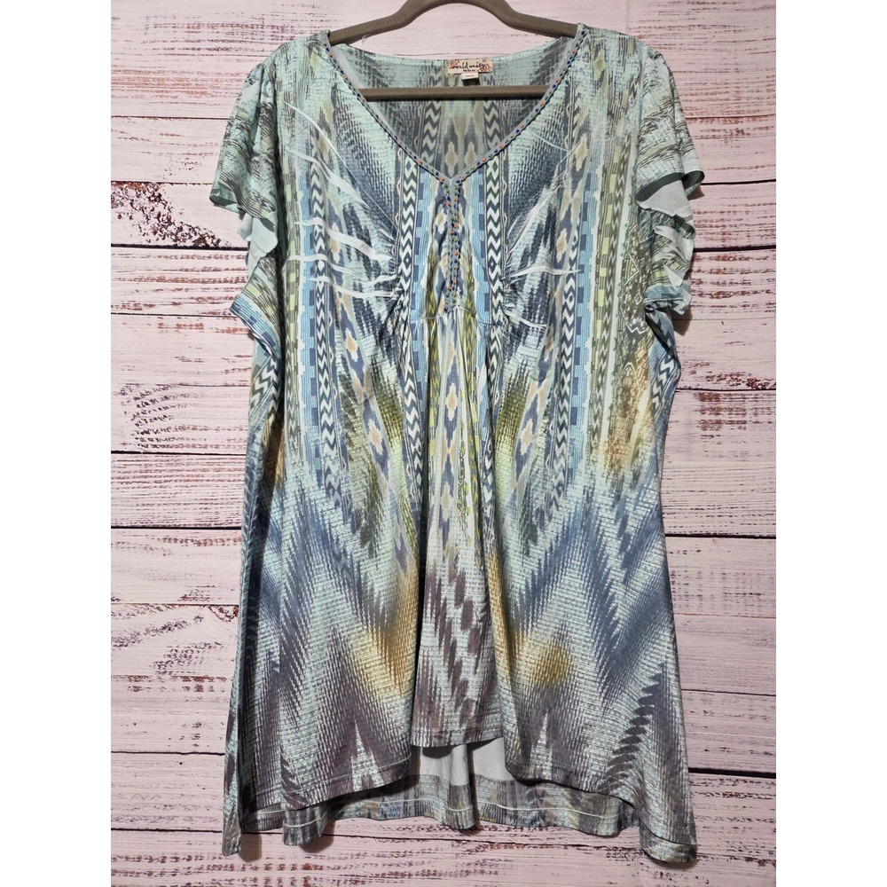 World Unity Woman Plus Size 3X Boho Geometric Beaded V-Neck High Low Top Blue